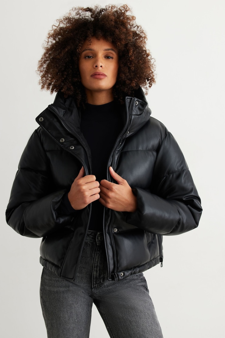 Short Faux Leather Puffer Jacket Black | Dynamite
