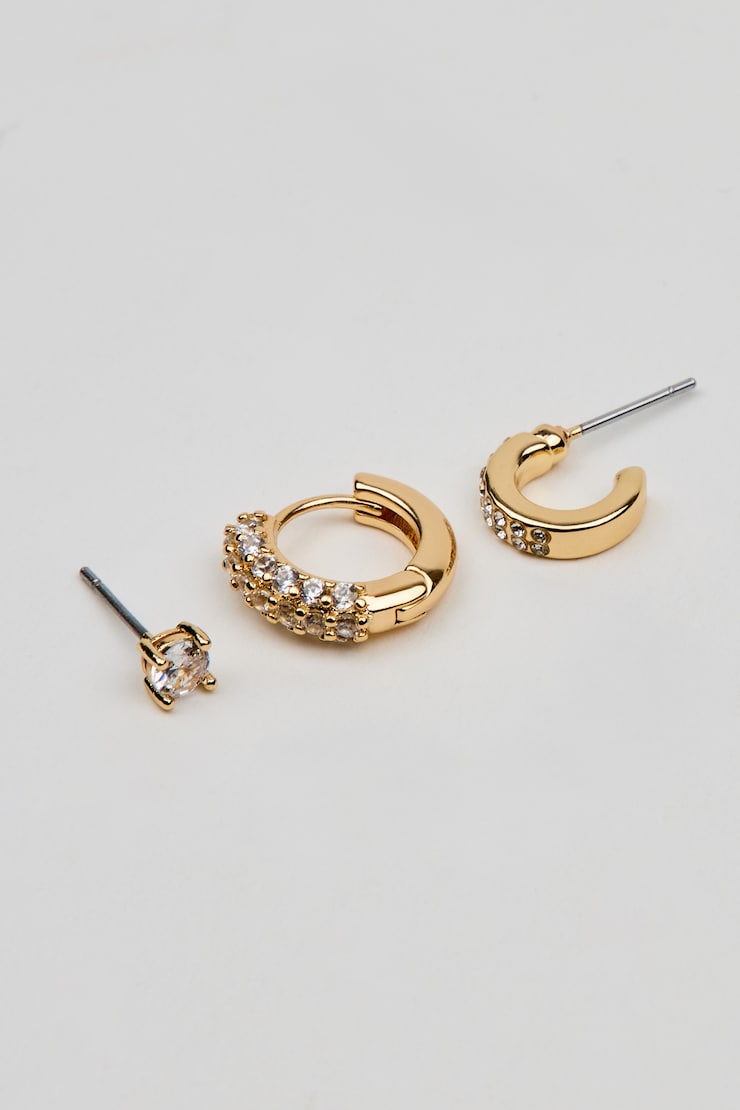 3 Pack Gem Stud & Hoop Earrings, Clear/Gold, large