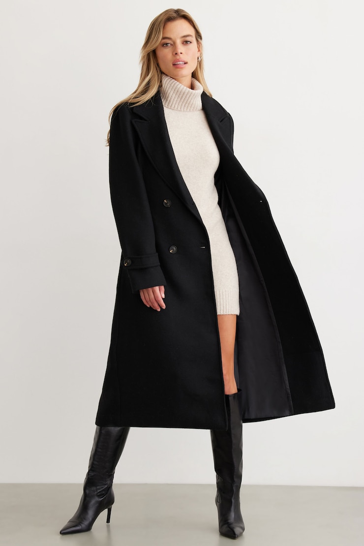 Structured Belted Long Wool Coat Black | Dynamite