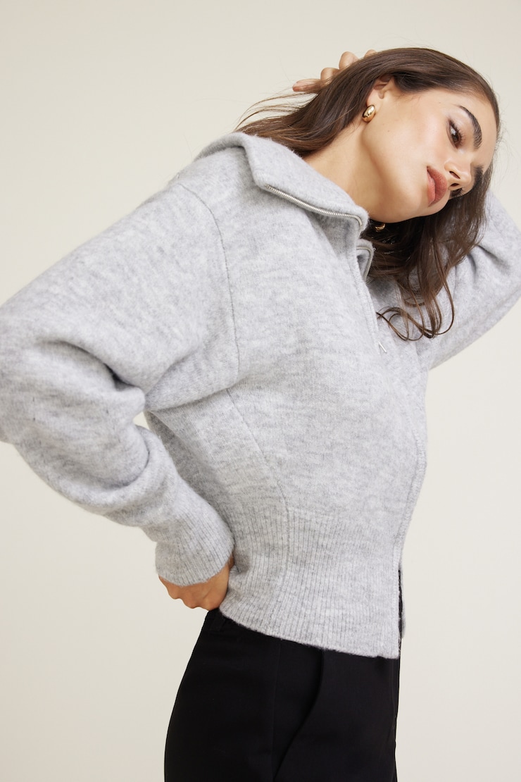 Cardigan à col large et fermeture éclair Mélange gris pâle large
