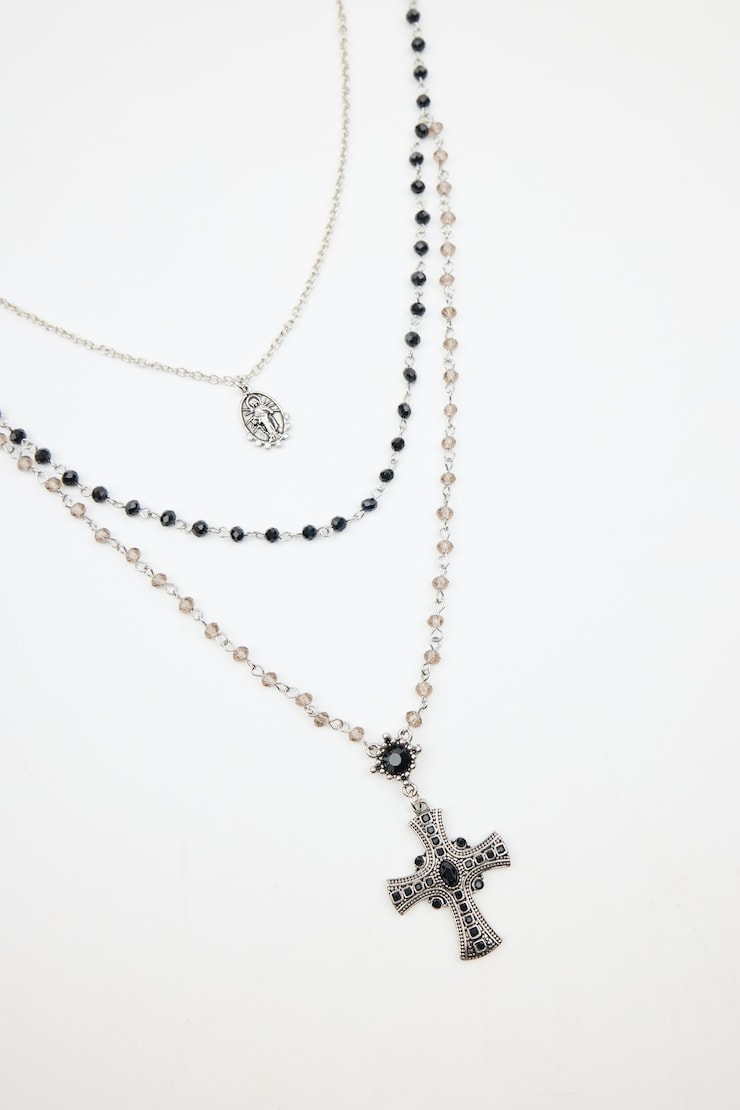 Set of 2 Mary & Rosary Necklaces, Silver/Black, large