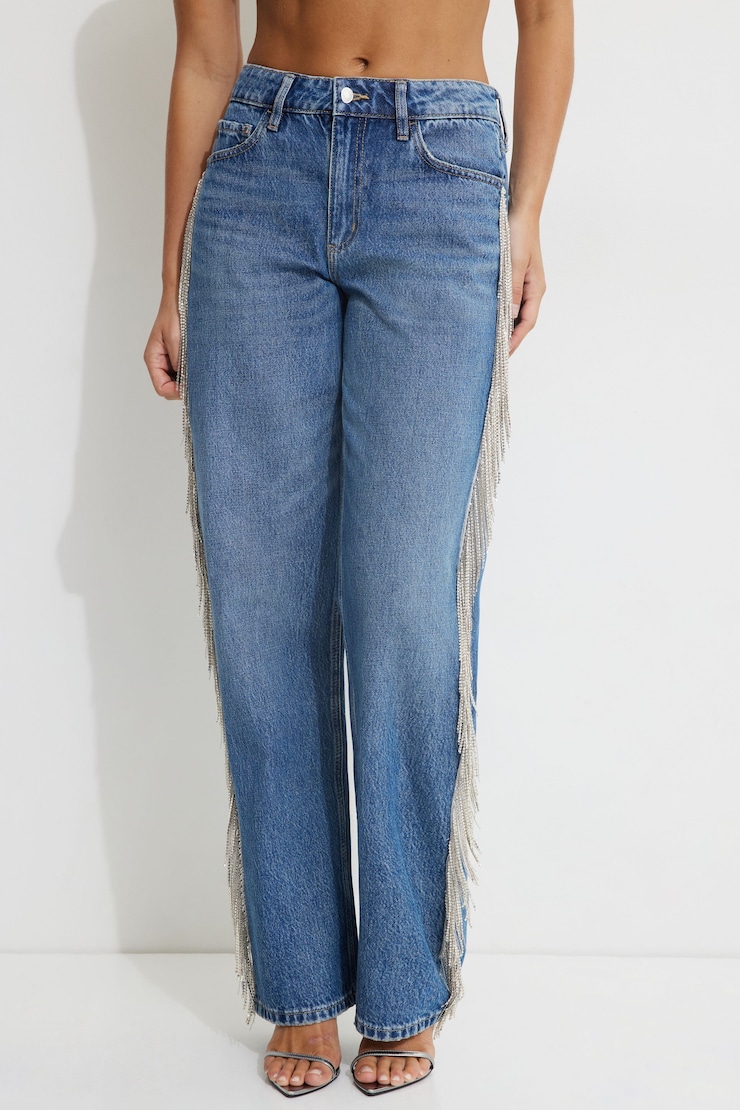 Mika Rhinestone Fringe Relaxed Straight Jeans Blue | Dynamite