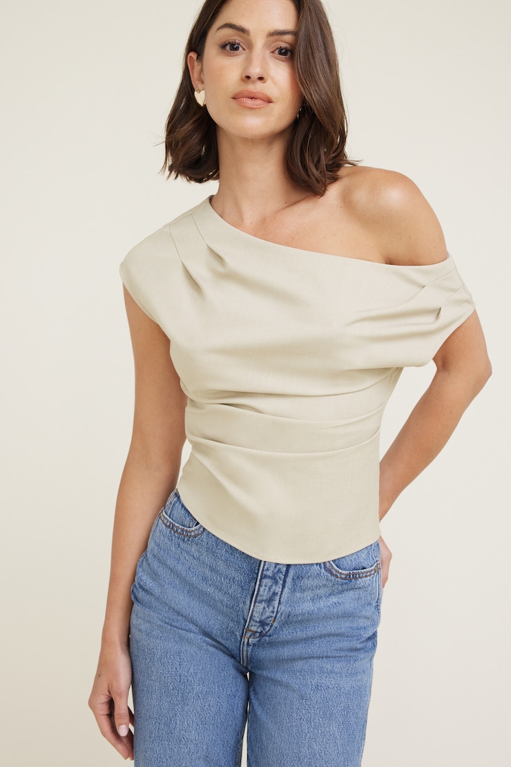 Draped Off Shoulder Top Beige | Dynamite