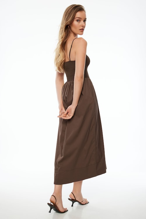 Smocked Poplin Maxi Dress Brown | Dynamite Smocked Poplin Maxi Dress Brown | Dynamite