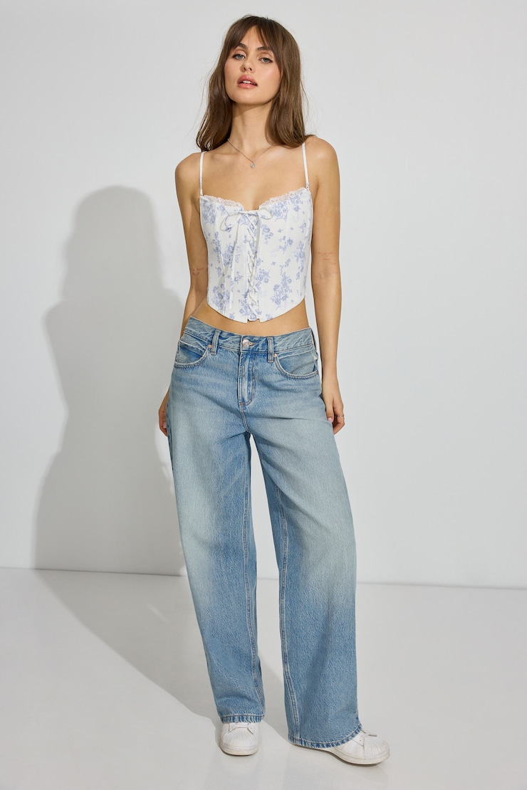 Sleek Deep V Neck T Shirt, Blue Butterfly Floral, large