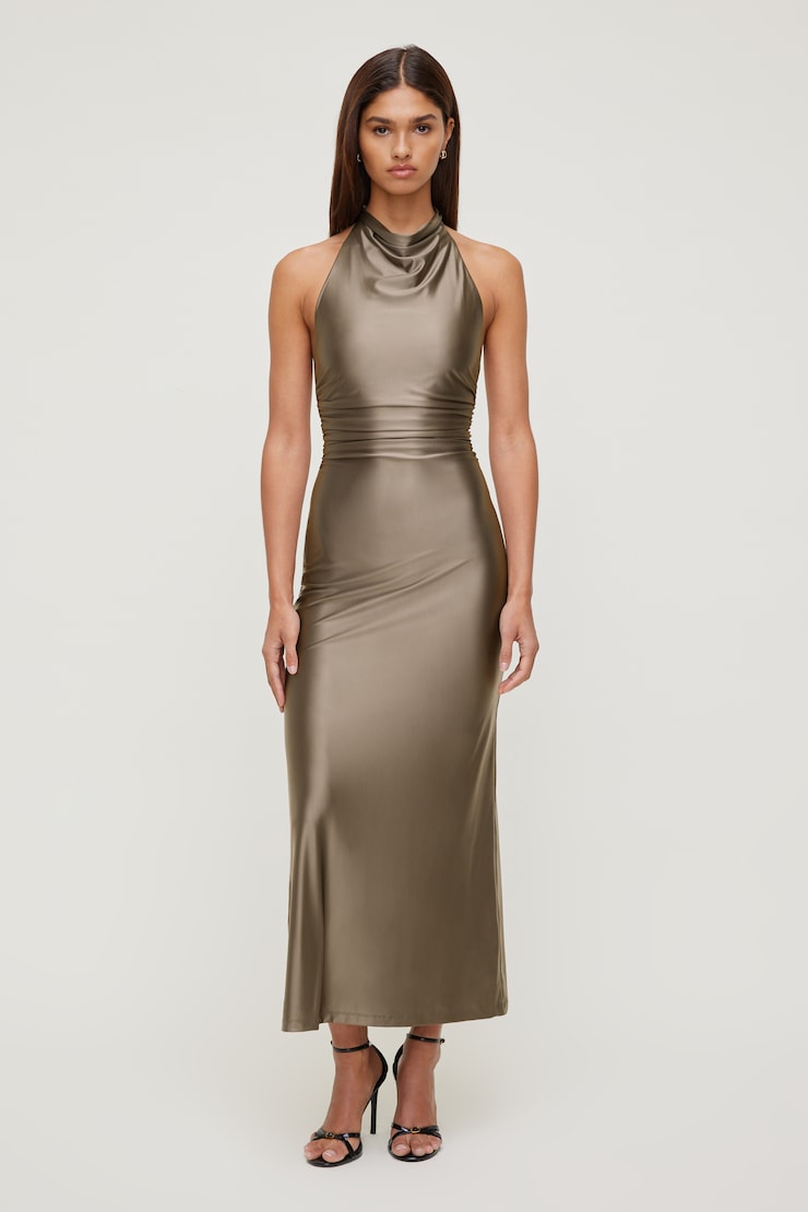 Stretch Satin Halter Maxi Dress Wild Mushroom Brown large