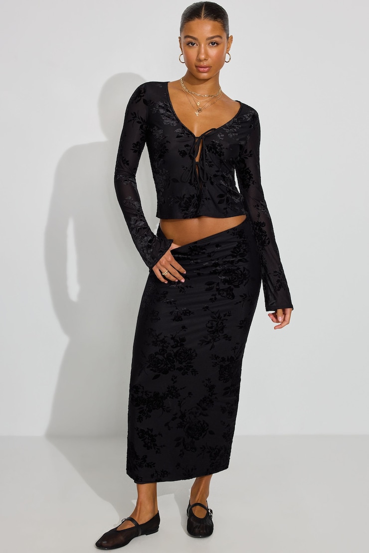 Flyaway Burnout Long Sleeve Top, Jet Black Floral, large