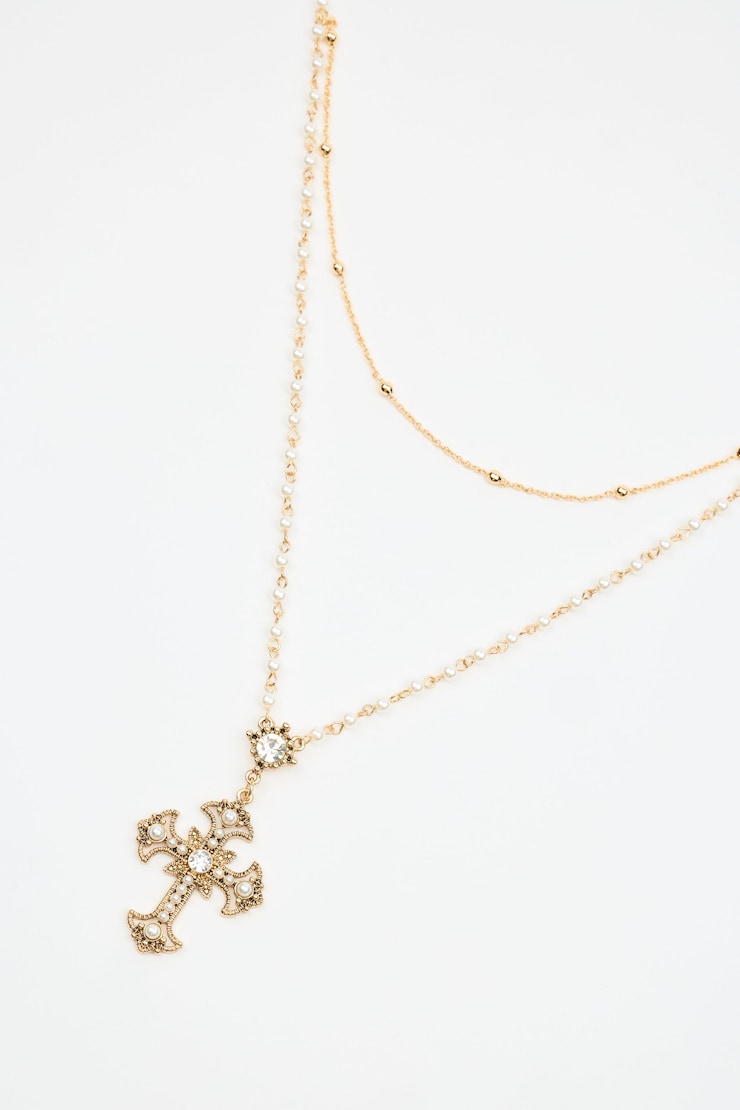 Set of 2 Pearl & Cross Rosary Necklace , Off-White/Gold, large