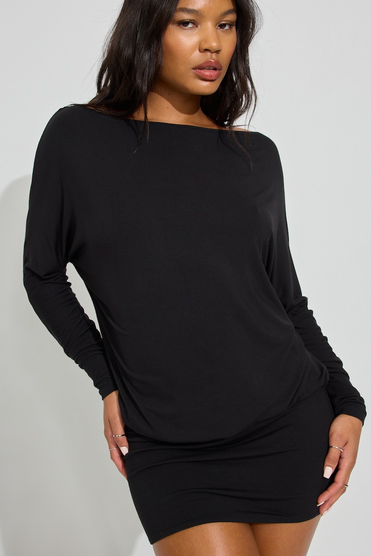 Long Sleeve Banded Bottom Dress, Jet Black, large