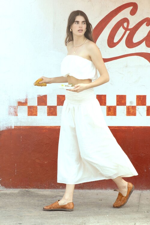 Drop Waist Smocked Maxi Skirt White