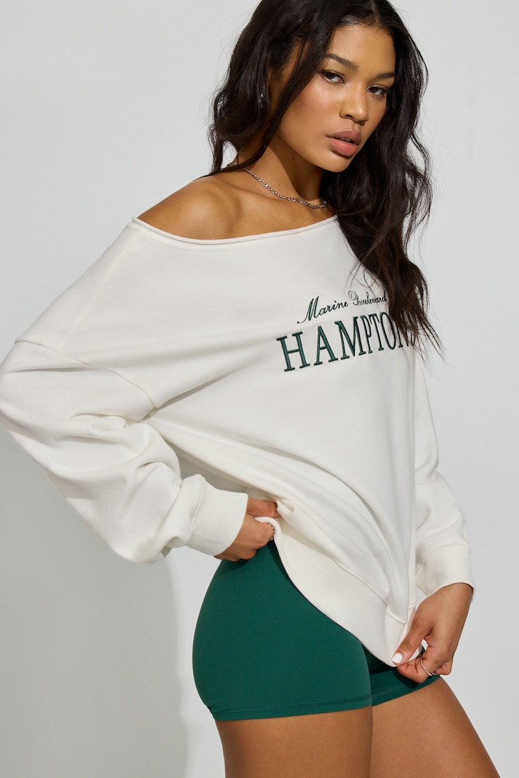 SoftTerry Off Shoulder Sweatshirt, Snow White with "Hamptons" Art, large
