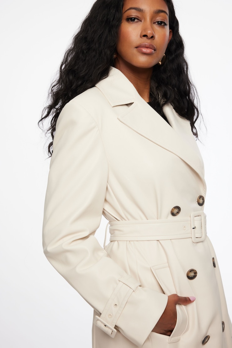 Military Faux Leather Trench Coat Polished Pearl Beige large