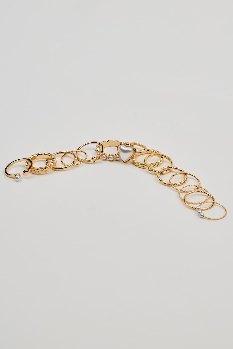 Set of 14 Pearl Heart & Delicate Rings, Off-White/Gold, large