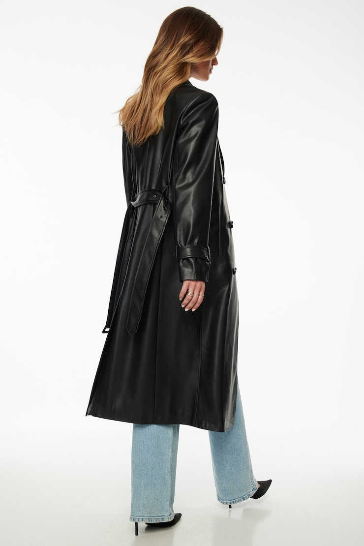 Military Faux Leather Trench Coat Jet Black large