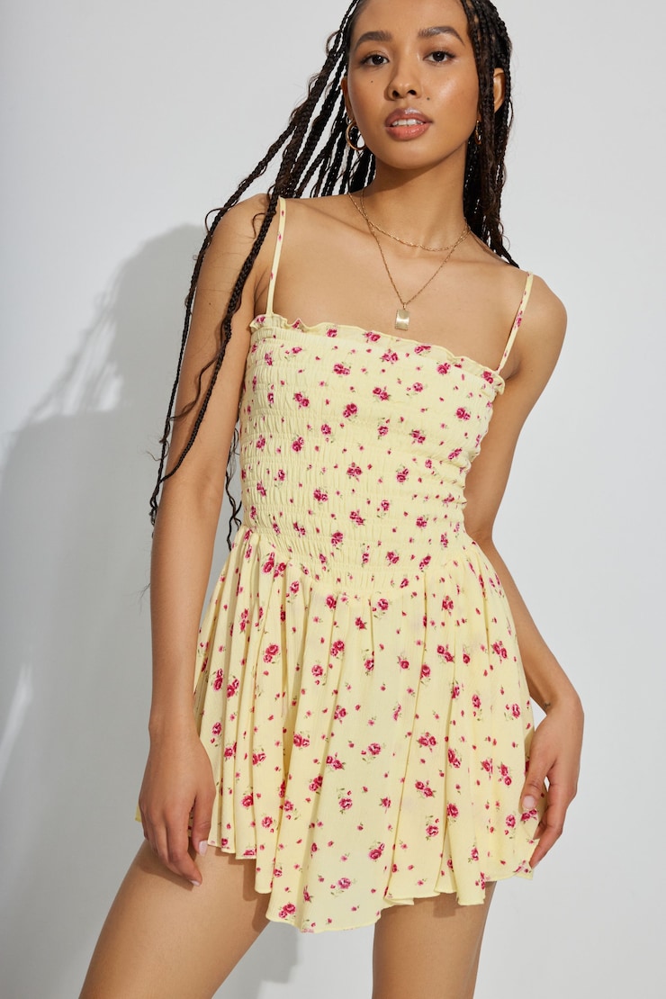 Kayley Smocked Tube Romper, Yellow/Pink Rose Print, large