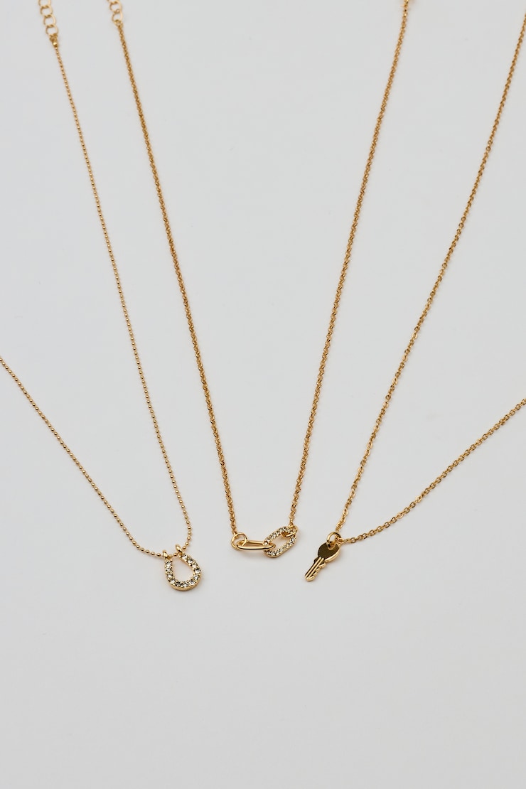 Set of 3 Key, Shoehorn & Link Necklaces, Clear/Gold, large