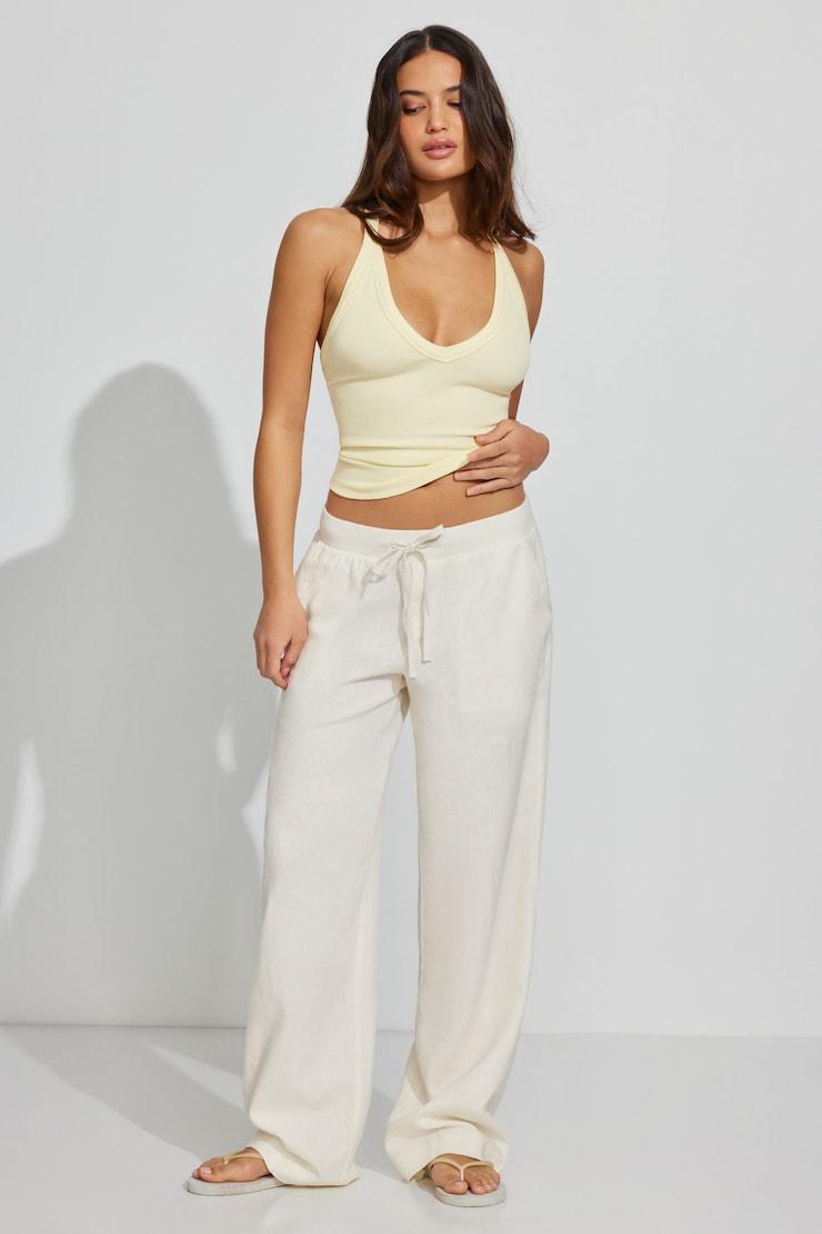 Linen Ribbed Waistband Pull-On Pants, Snow White, large