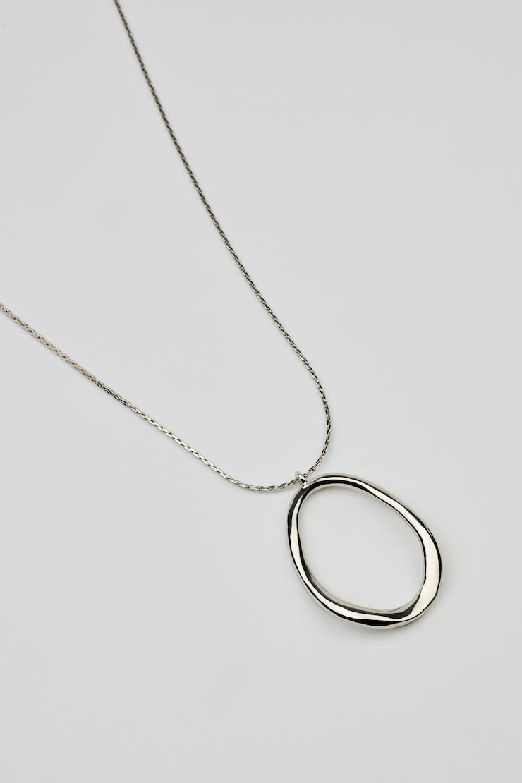 Hammered Single Oval Necklace, Silver, large