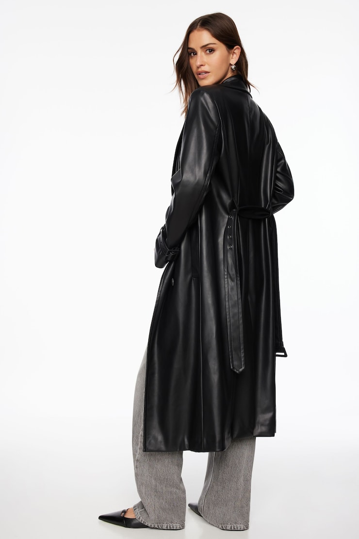Military Faux Leather Trench Coat Jet Black large