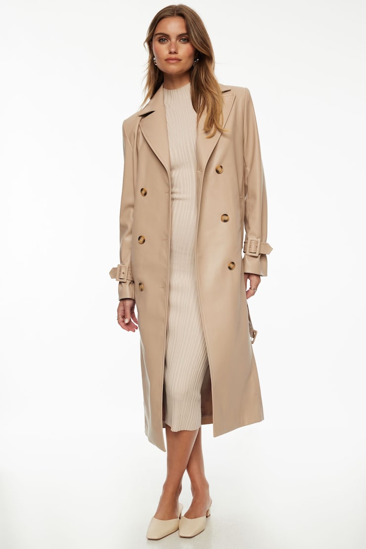 Military Faux Leather Trench Coat Soft Taupe large