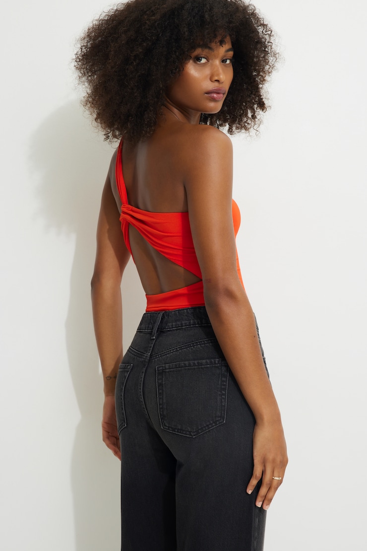 Single Shoulder Jersey Bodysuit Fiery Red large