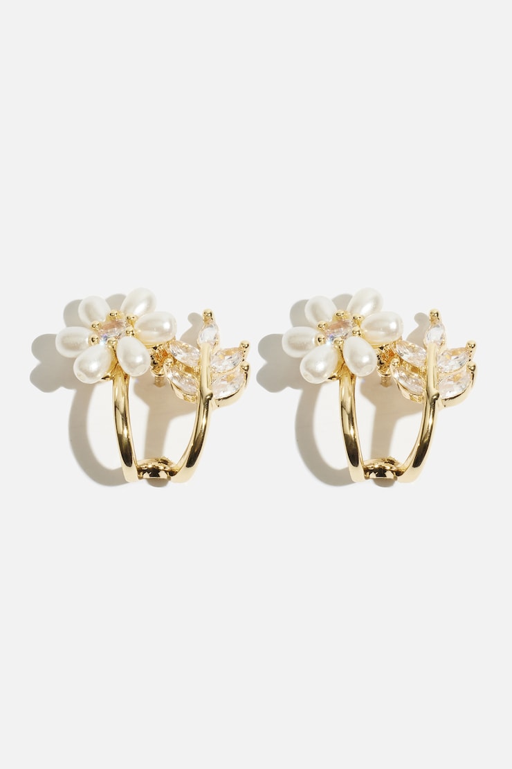 Pearl Flower & Leaf Huggie Earrings Off White/Gold large