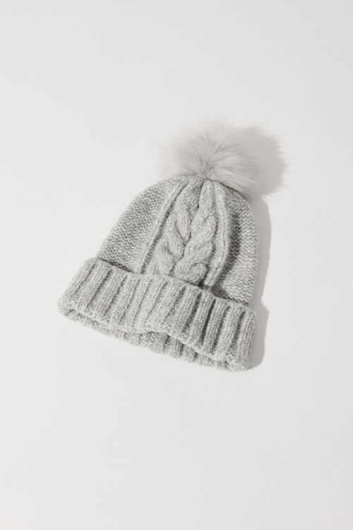 Free People Summit Cable Pom Beanie OS Chunky Knit Gray Grey Cable Knit Fur Pom Hat, Grey – SpearmintLOVE main image 2