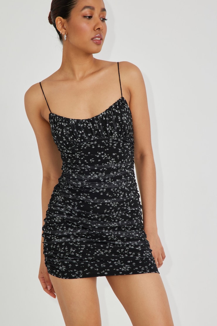 Rachel Ruched Mini Dress, Black Airy Daisy, large