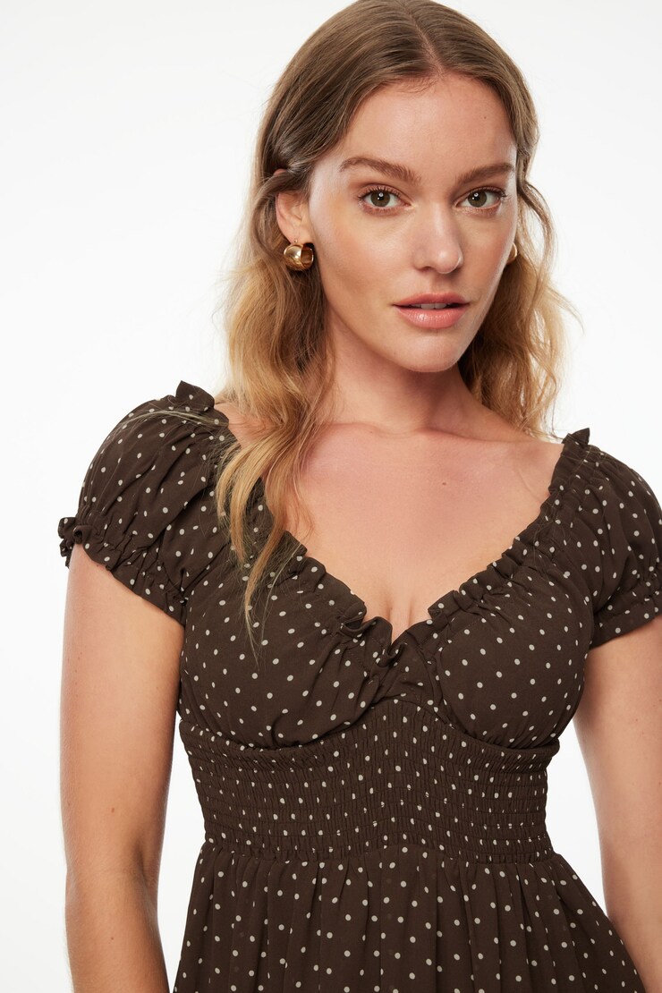Delphine Smocked Mini Dress Brown Polka Dot large