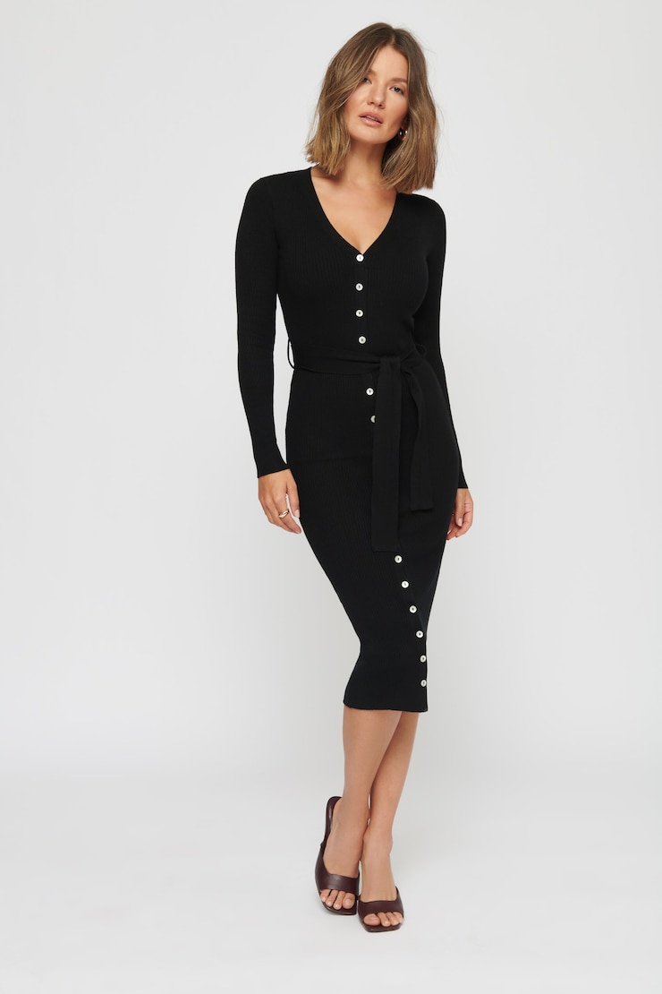 Long Sleeve Button-Down Sweater Dress Jet Black large