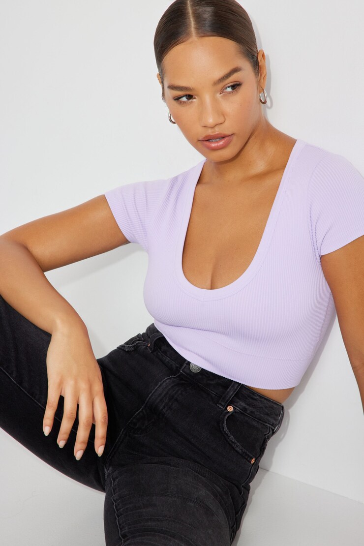 T-shirt sans coutures à col plongeant Sonia, Mauve champ de lilas, large