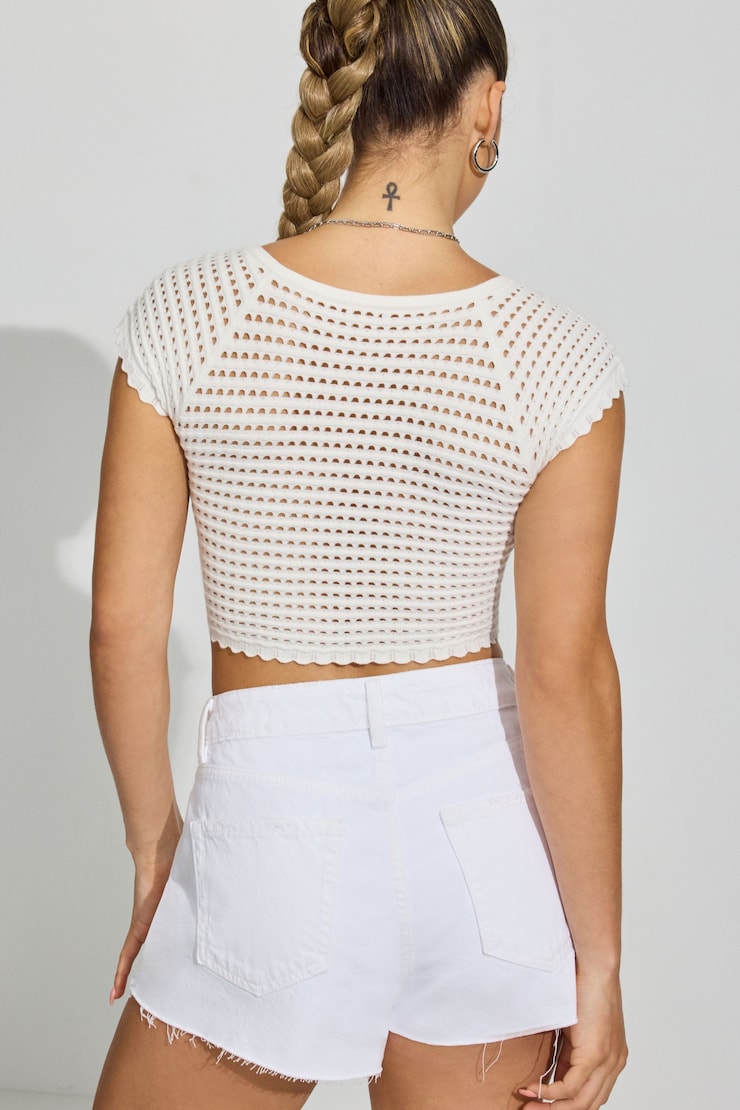 Sheer V-Neck Knit Crop Tee White | Garage