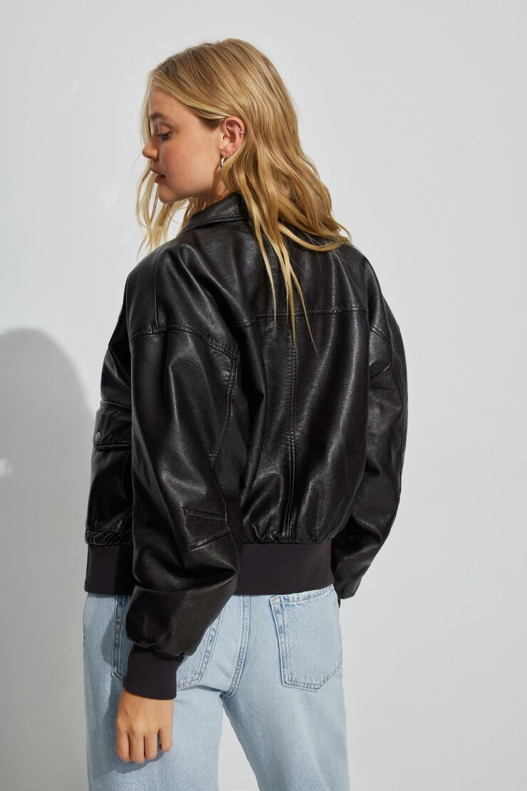 Washed Faux Leather Bomber, Chocolate Plum, large