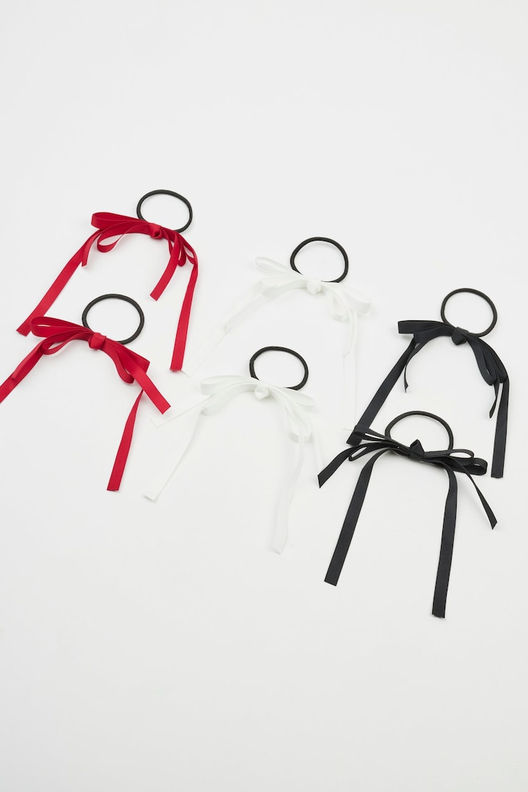 Set of 6 Ribbon Bow Hair Elastics, White/Red/Black, large