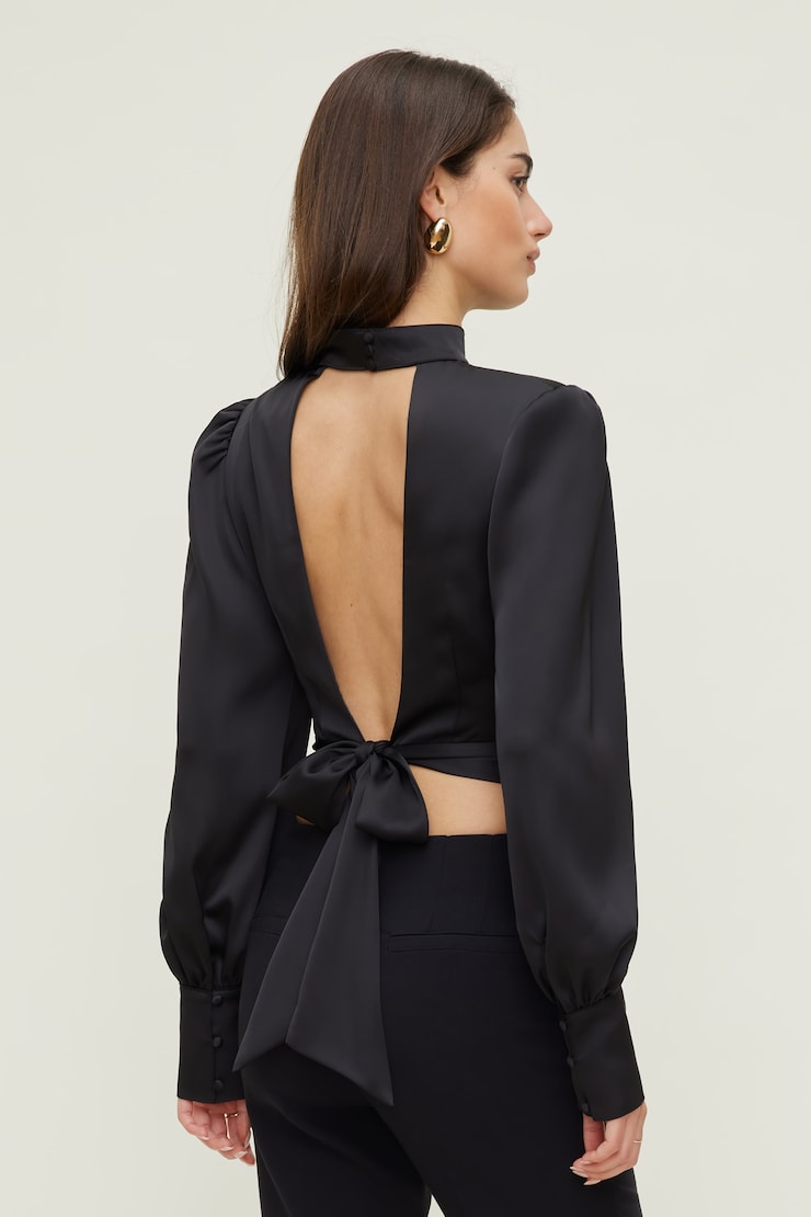 Open Back Satin Blouse Black | Dynamite