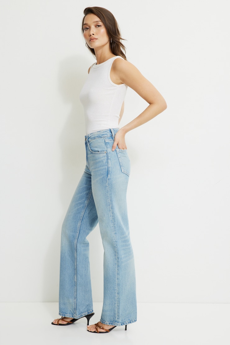 Jean Heidi à taille haute et jambe large Indigo pâle / Bleu épine argentée large