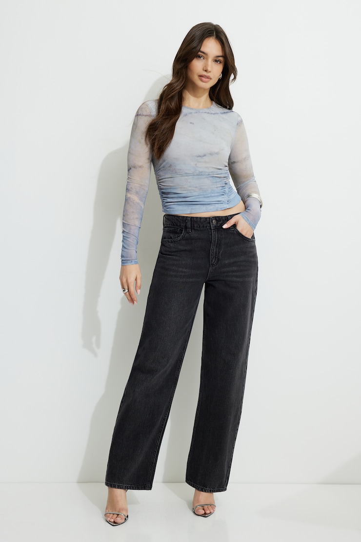 Shirred Mesh Long Sleeve Top Blue | Dynamite