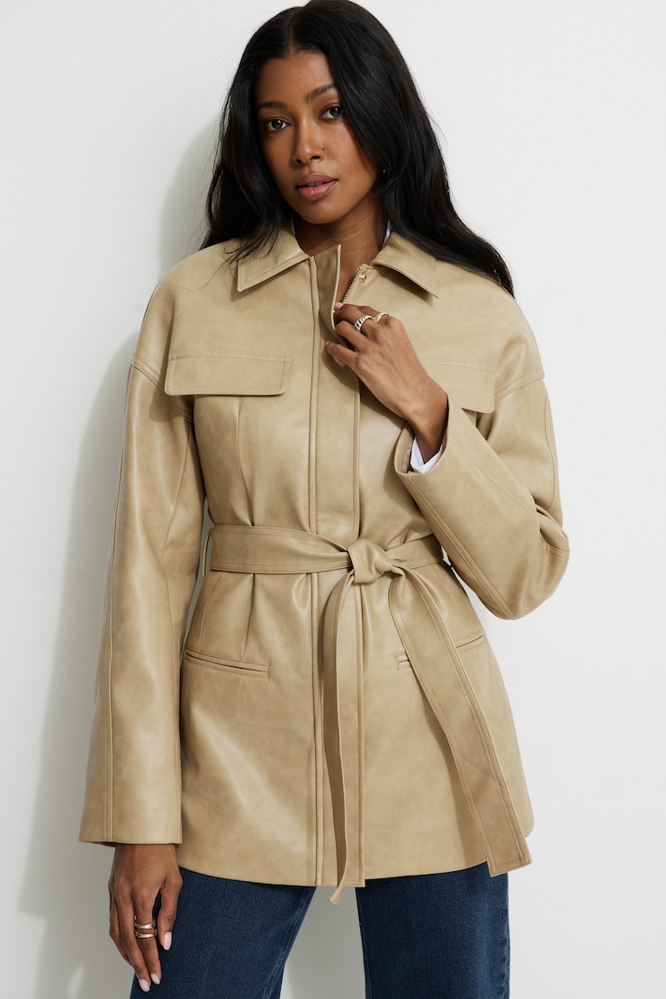 Belted Faux Leather Jacket Beige | Dynamite