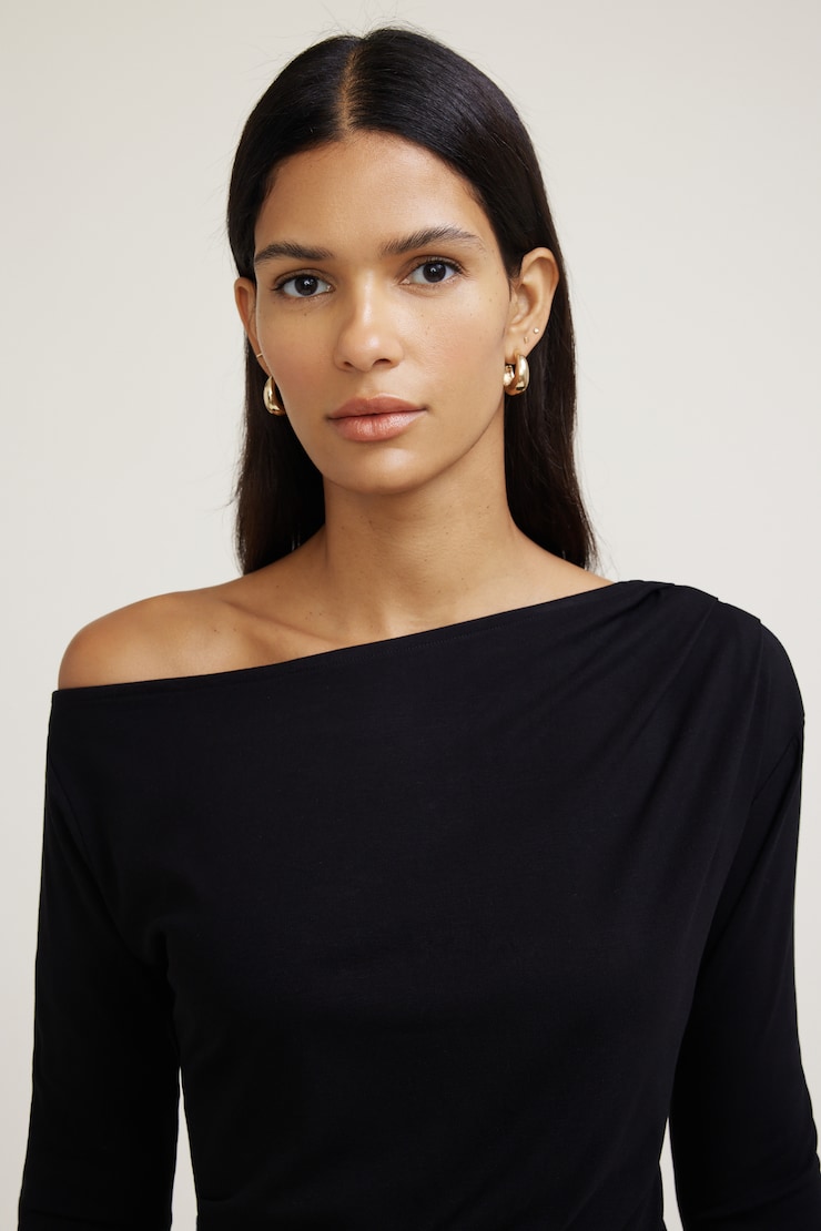 Draped Off Shoulder Long Sleeve Top BLACK | Dynamite