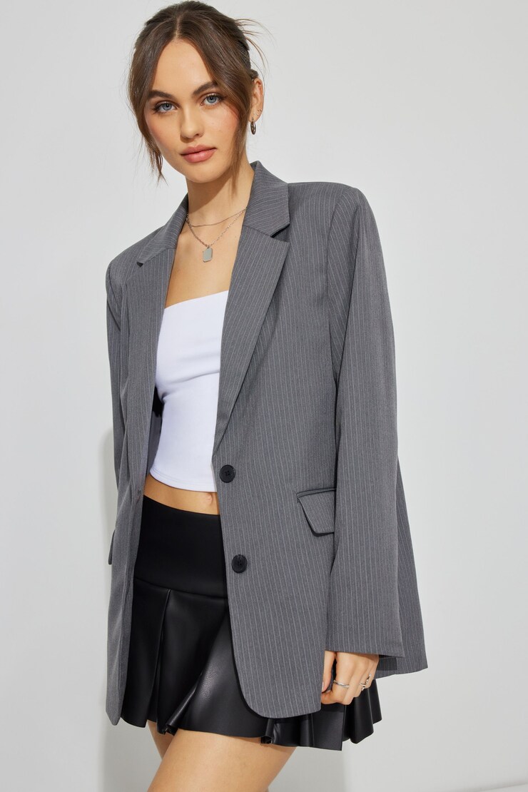Pinstripe Blazer, Grey Melange Pinstripe, large