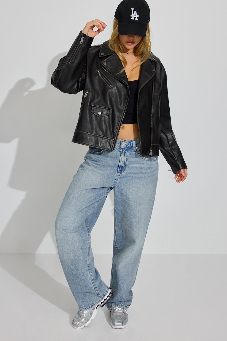 Washed Faux Leather Biker Jacket, Jet Black, large