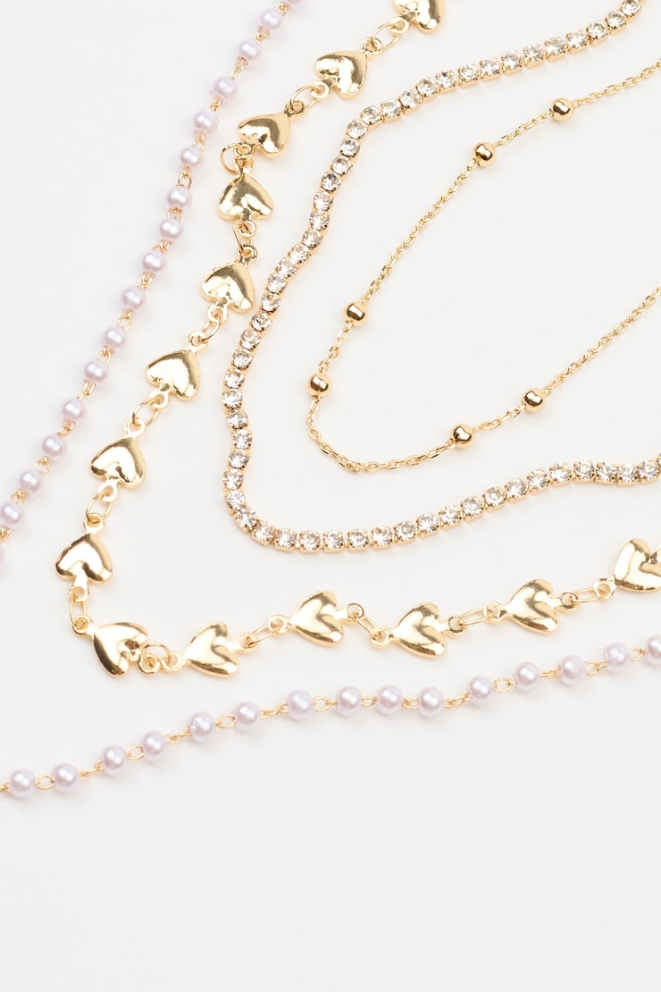 Set of 4 Hearts, Gem, and Pearl Chains, Off-White/Gold, large