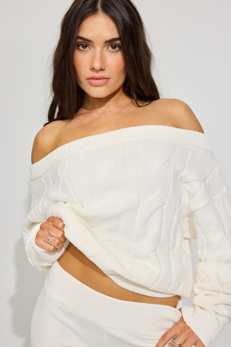 Chenille Off Shoulder Sweater Beige | Garage