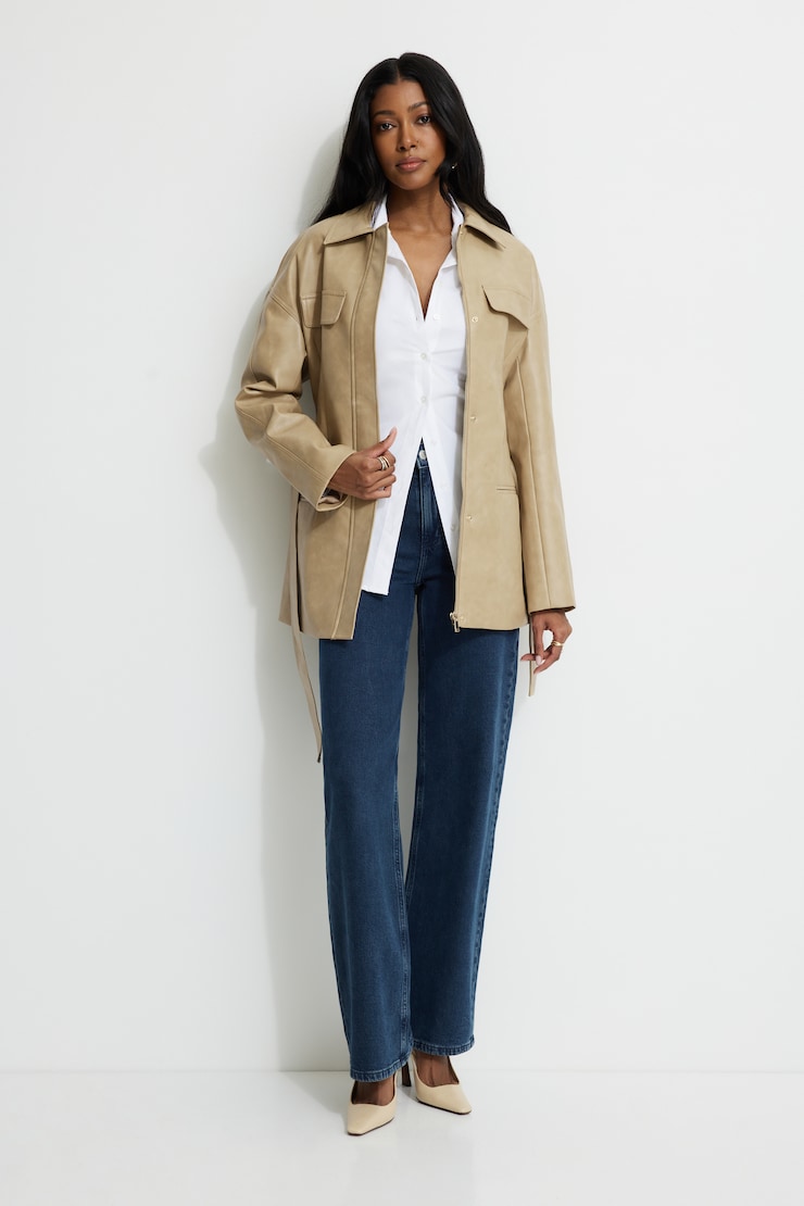 新品タグ付き　CLANE MIX COLOR BELT JACKET Belted Faux Leather Jacket Beige | Dynamite