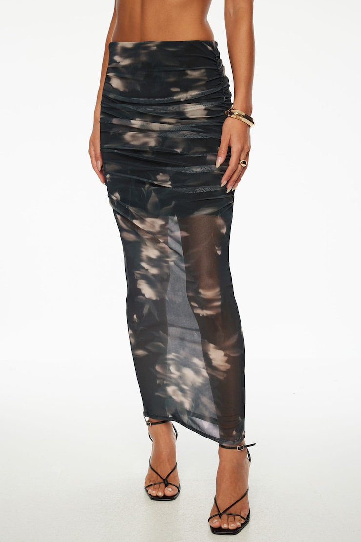 Ruched Mesh Maxi Skirt Midnight Black Floral large