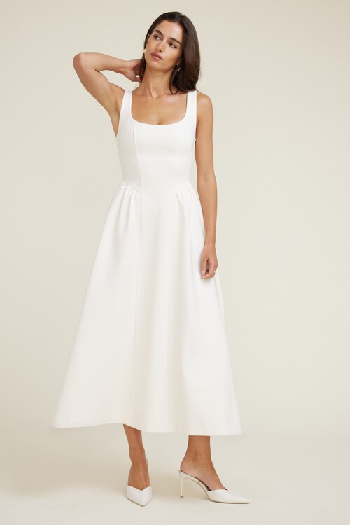 Scoop Flared Ponte Maxi Dress Beige | Dynamite