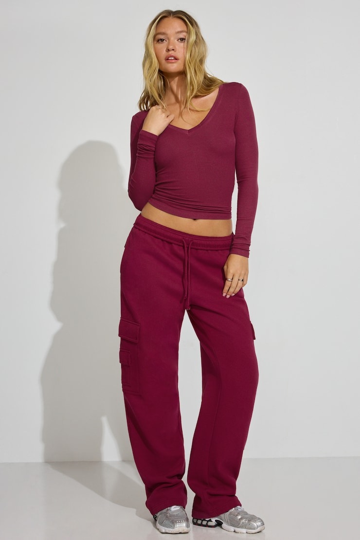 Serene Deep V-Neck Long Sleeve Top, Sour Cherry Burgundy, large