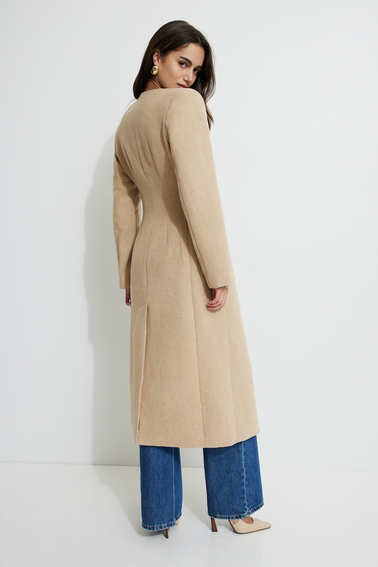 Collarless Single Button Coat Brown | Dynamite