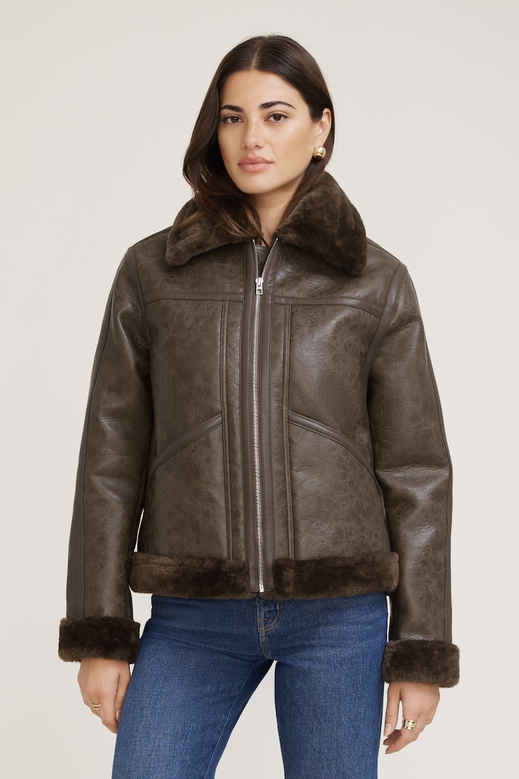Faux Shearling Aviator Jacket Loam Deep Brown large