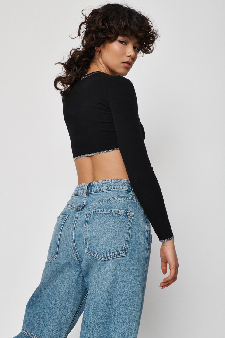 Kylie Exposed Seams Long Sleeve, Jet Black with White Stitch, large